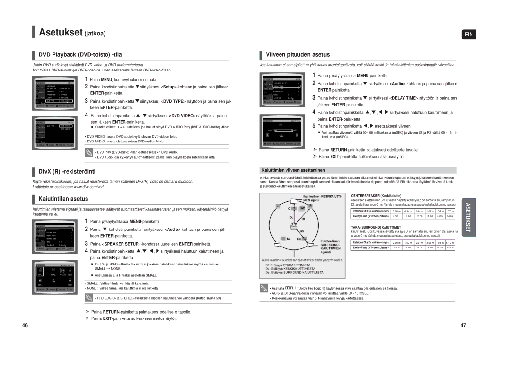 Samsung HT-TX35R/XEE DVD Playback DVD-toisto -tila, Viiveen pituuden asetus, DivX R -rekisteröinti Kaiutintilan asetus 