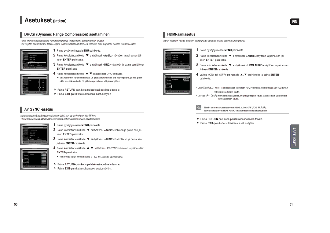 Samsung HT-TX35R/XEE, HT-X30R/XEE manual DRCn Dynamic Range Compression asettaminen, HDMI-ääniasetus, AV Sync -asetus 