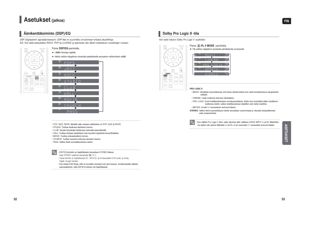 Samsung HT-X30R/XEE, HT-TX35R/XEE manual Äänikenttätoiminto DSP/EQ, Dolby Pro Logic II -tila, Paina DSP/EQ-painiketta 