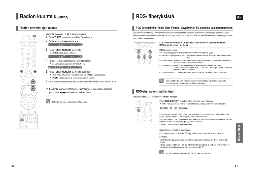 Samsung HT-X30R/XEE Radion kuuntelu jatkoa, RDS-lähetyksistä, Radion esivalintojen asetus, RDS-signaalien näyttäminen 