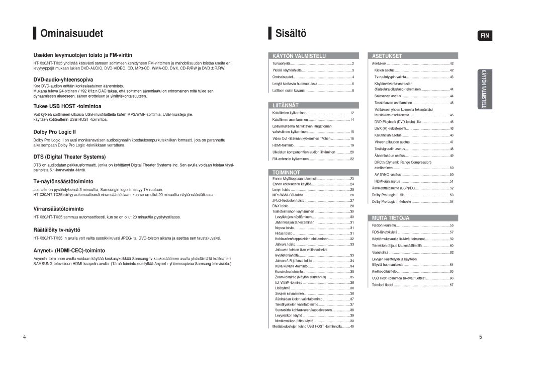 Samsung HT-X30R/XEE, HT-TX35R/XEE manual Ominaisuudet, Sisältö 