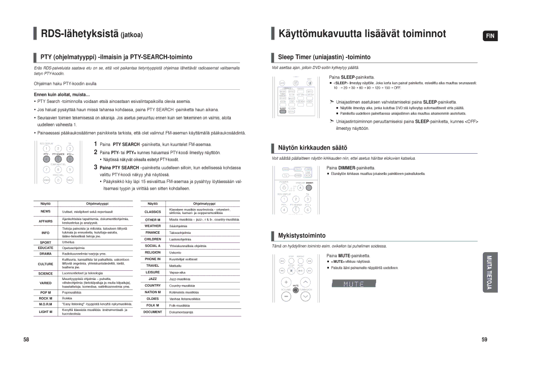 Samsung HT-TX35R/XEE, HT-X30R/XEE manual RDS-lähetyksistä jatkoa, Käyttömukavuutta lisäävät toiminnot 