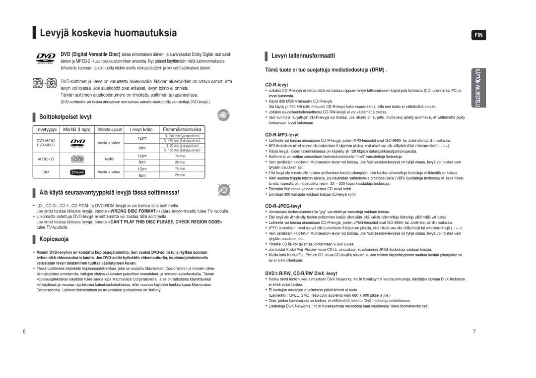 Samsung HT-TX35R/XEE, HT-X30R/XEE manual Levyjä koskevia huomautuksia, Tämä tuote ei tue suojattuja mediatiedostoja DRM 