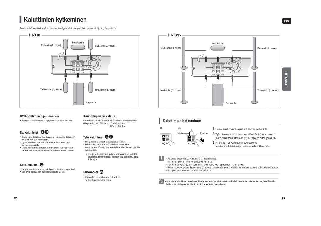 Samsung HT-X30R/XEE, HT-TX35R/XEE manual Kaiuttimien kytkeminen 