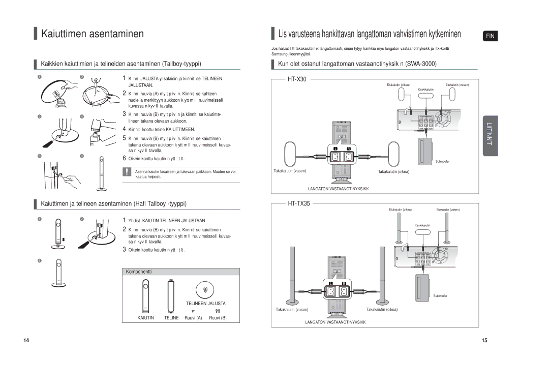 Samsung HT-TX35R/XEE manual Kaiuttimen asentaminen, Kun olet ostanut langattoman vastaanotinyksikön SWA-3000, Komponentti 