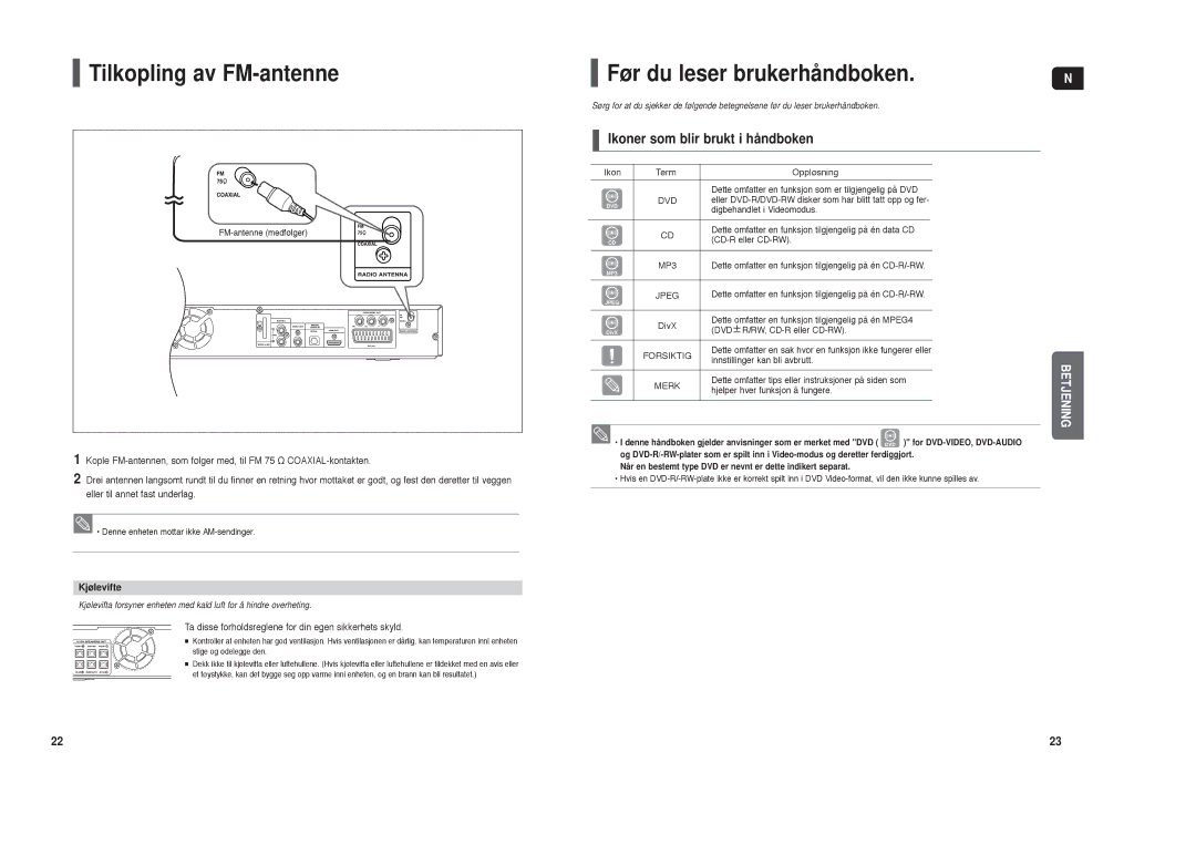 Samsung HT-TX35R/XEE Tilkopling av FM-antenne, Før du leser brukerhåndboken, Ikoner som blir brukt i håndboken, Kjølevifte 