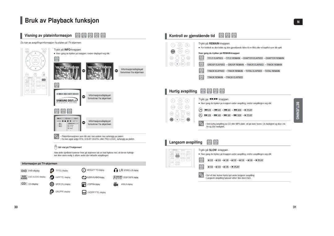 Samsung HT-TX35R/XEE manual Bruk av Playback funksjon, Visning av plateinformasjon DVD CD MP3 Jpeg DivX, Langsom avspilling 