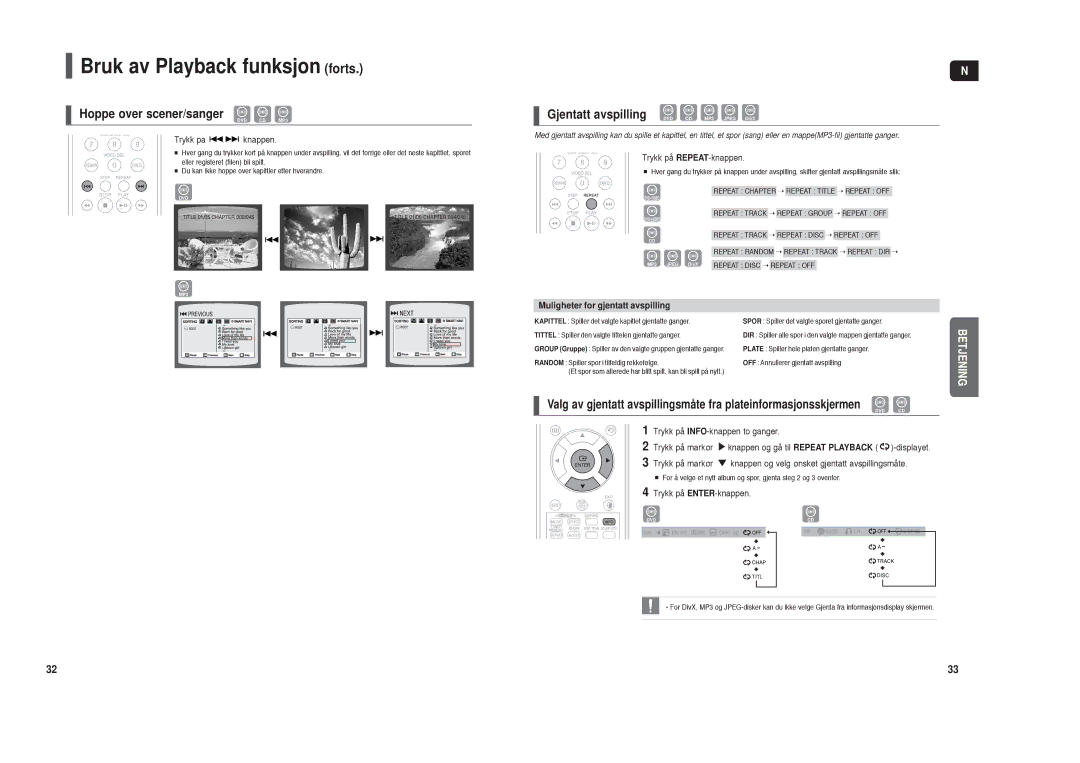 Samsung HT-X30R/XEE, HT-TX35R/XEE manual Bruk av Playback funksjon forts, Hoppe over scener/sanger, Gjentatt avspilling 