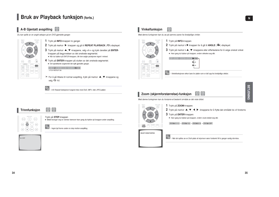 Samsung HT-TX35R/XEE, HT-X30R/XEE Gjentatt avspilling DVD, Trinnfunksjon, Vinkelfunksjon, Zoom skjermforstørrelse-funksjon 