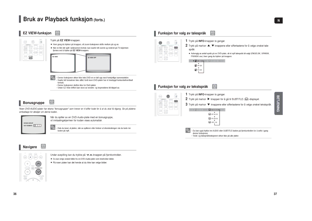 Samsung HT-X30R/XEE manual EZ VIEW-funksjon, Bonusgruppe DVD-AUDIO, Navigere DVD-AUDIO, Funksjon for valg av talespråk 