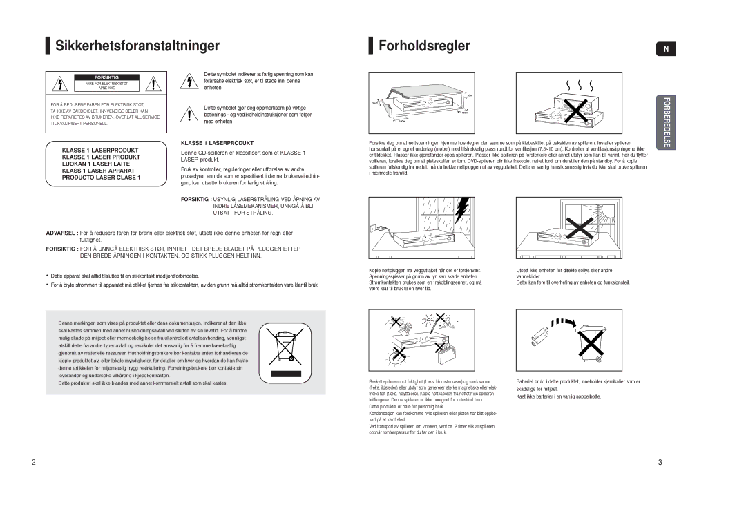 Samsung HT-TX35R/XEE, HT-X30R/XEE manual Sikkerhetsforanstaltninger ForholdsreglerN, Forsiktig 