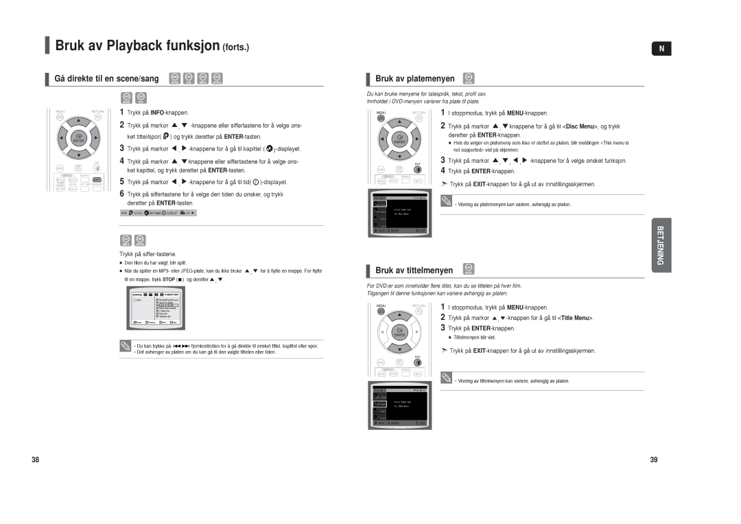 Samsung HT-TX35R/XEE, HT-X30R/XEE manual Gå direkte til en scene/sang, Bruk av platemenyen, Bruk av tittelmenyen DVD 