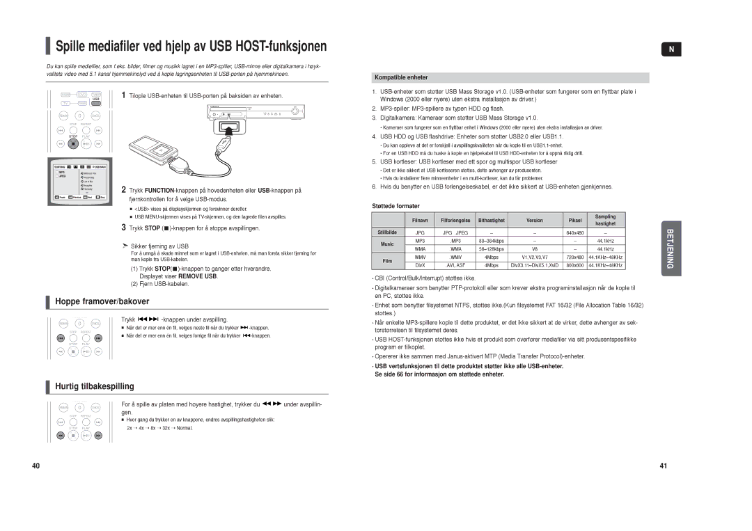 Samsung HT-X30R/XEE Hoppe framover/bakover, Hurtig tilbakespilling, Trykk -knappen under avspilling, Kompatible enheter 