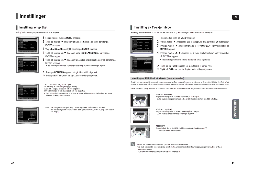 Samsung HT-TX35R/XEE, HT-X30R/XEE manual Innstillinger, Innstilling av språket, Innstilling av TV-skjermtype 