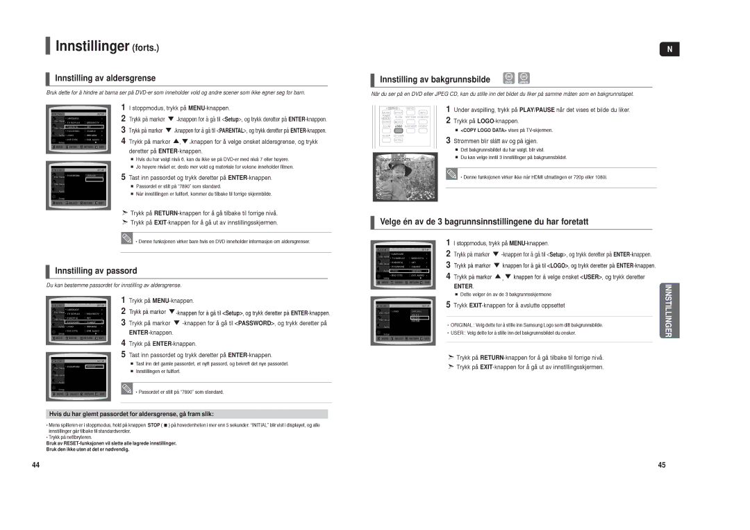 Samsung HT-X30R/XEE, HT-TX35R/XEE manual Innstillinger forts, Innstilling av aldersgrense, Innstilling av passord 