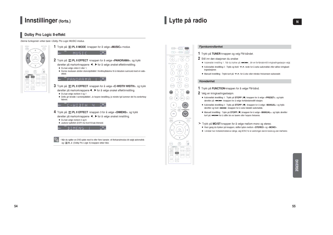 Samsung HT-TX35R/XEE, HT-X30R/XEE manual Lytte på radio, Dolby Pro Logic II-effekt, Fjernkontrollenhet, Hovedenhet 