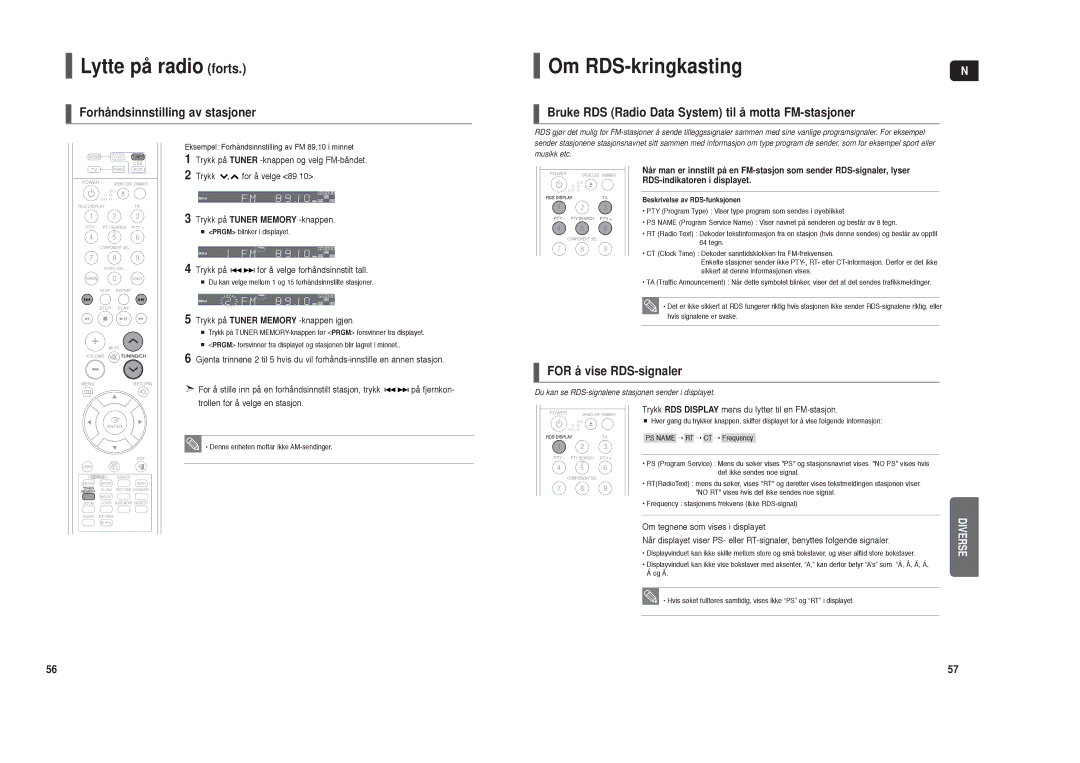 Samsung HT-X30R/XEE Lytte på radio forts, Om RDS-kringkasting, Forhåndsinnstilling av stasjoner, For å vise RDS-signaler 