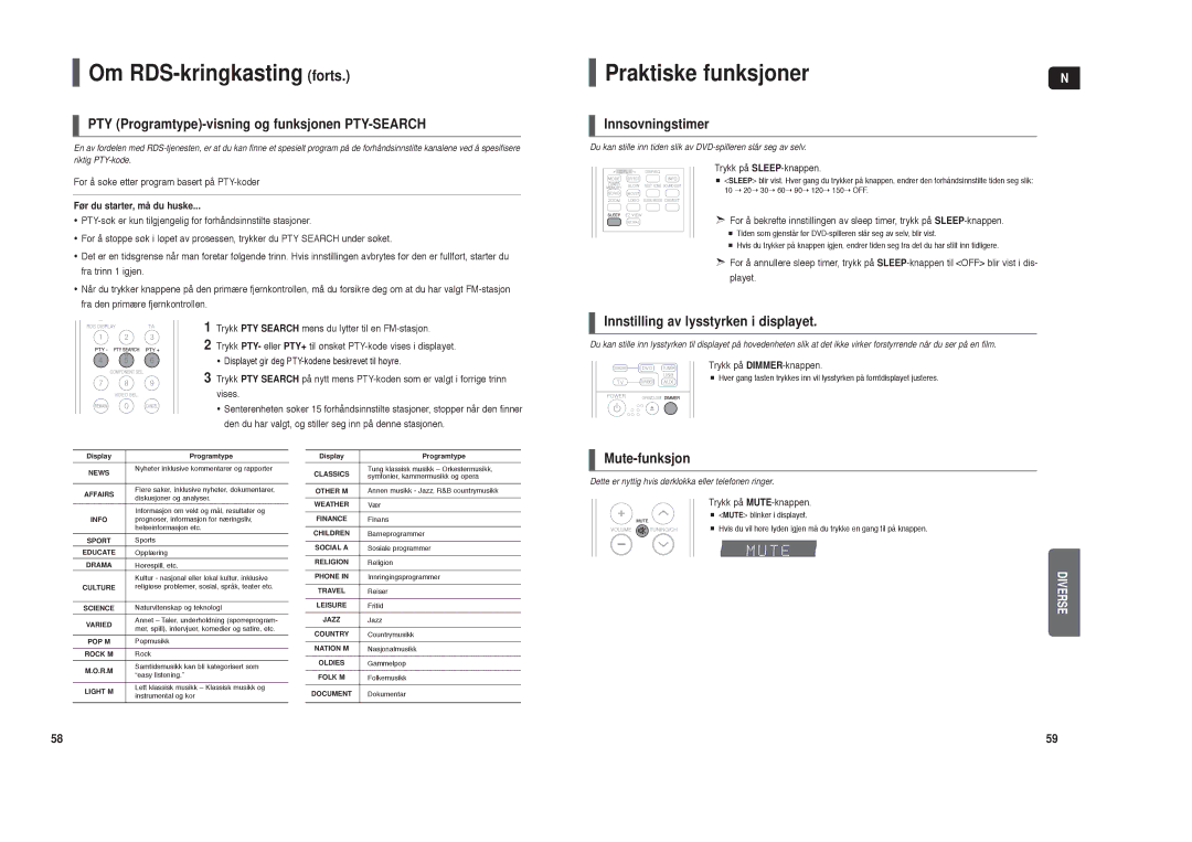 Samsung HT-TX35R/XEE, HT-X30R/XEE manual Om RDS-kringkasting forts, Praktiske funksjoner 