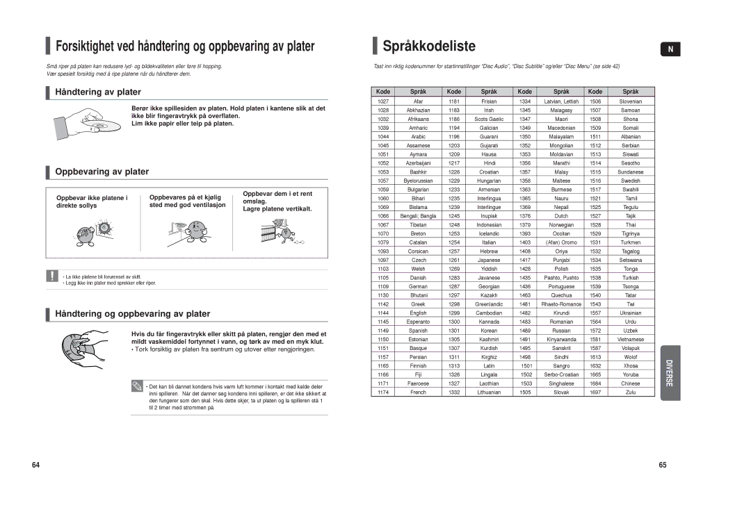 Samsung HT-X30R/XEE, HT-TX35R/XEE manual Språkkodeliste, Kode Språk 