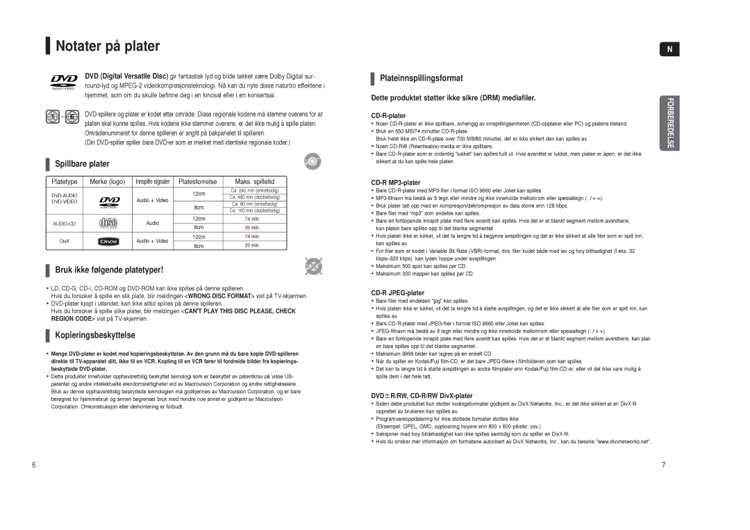 Samsung HT-TX35R/XEE, HT-X30R/XEE manual Notater på plater, Dette produktet støtter ikke sikre DRM mediafiler 