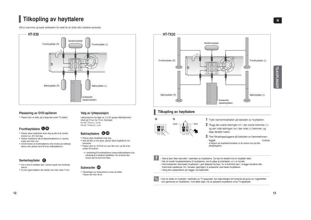 Samsung HT-X30R/XEE, HT-TX35R/XEE manual Tilkopling av høyttalere 