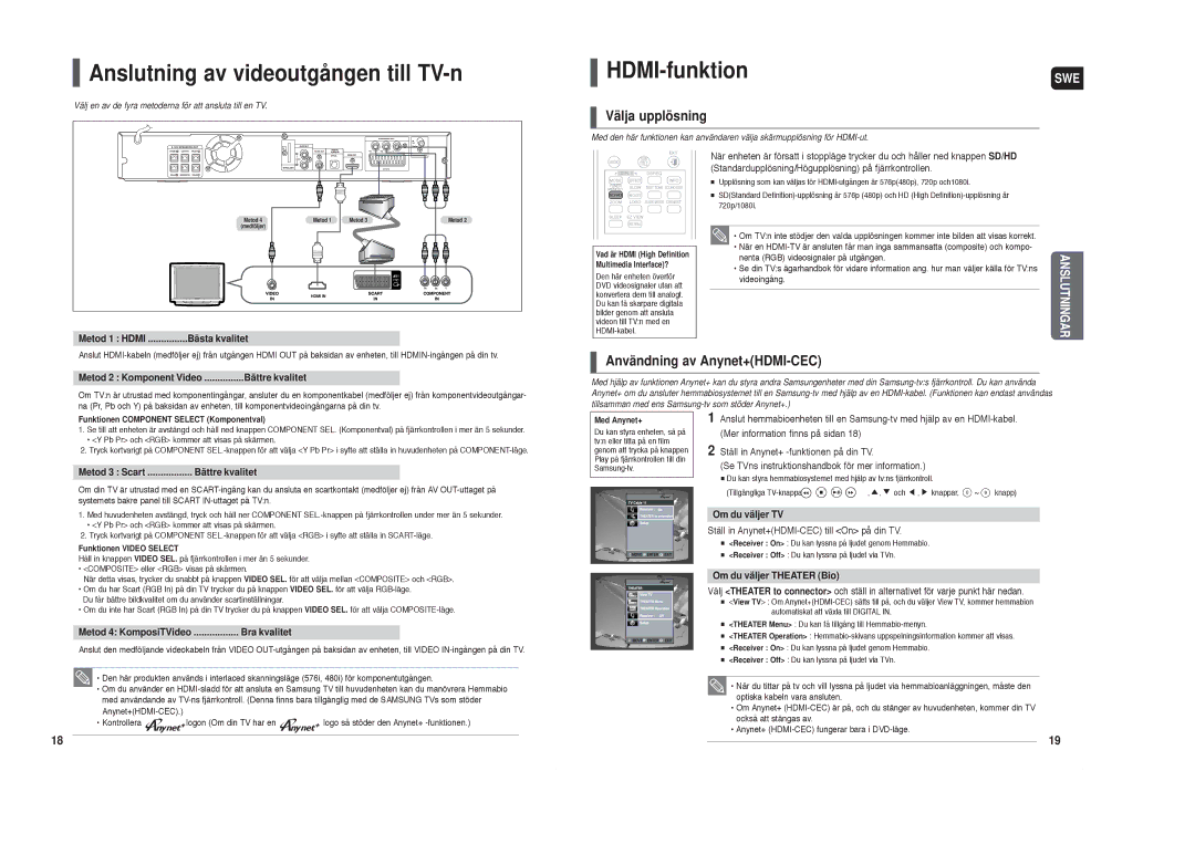 Samsung HT-TX35R/XEE Anslutning av videoutgången till TV-n, HDMI-funktion, Välja upplösning, Användning av Anynet+HDMI-CEC 