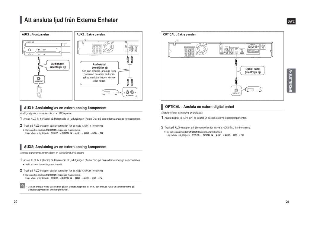 Samsung HT-X30R/XEE manual AUX1 Anslutning av en extern analog komponent, AUX2 Anslutning av en extern analog komponent 