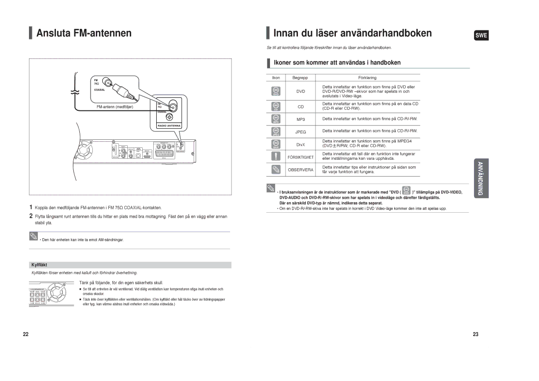 Samsung HT-TX35R/XEE Ansluta FM-antennen, Innan du läser användarhandboken, Ikoner som kommer att användas i handboken 