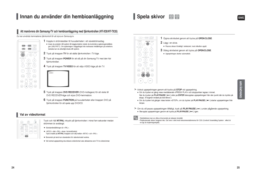 Samsung HT-X30R/XEE, HT-TX35R/XEE manual Innan du använder din hembioanläggning, Spela skivor DVD CD, Val av videoformat 