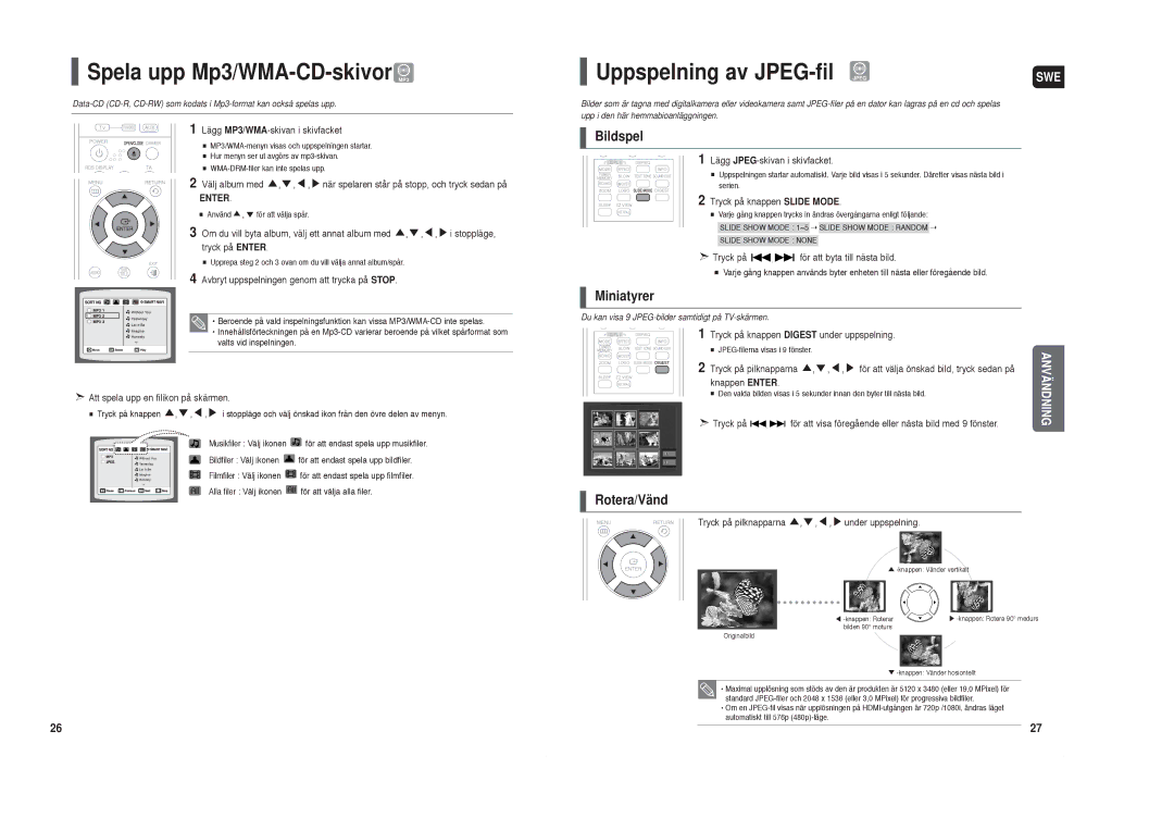 Samsung HT-TX35R/XEE Spela upp Mp3/WMA-CD-skivor MP3, Uppspelning av JPEG-fil Jpeg, Bildspel, Miniatyrer, Rotera/Vänd 