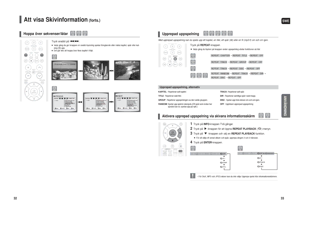 Samsung HT-X30R/XEE, HT-TX35R/XEE manual Att visa Skivinformation forts, Hoppa över sekvenser/låtar DVD CD MP3 