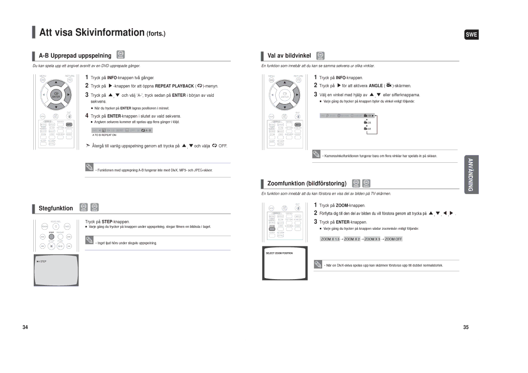 Samsung HT-TX35R/XEE manual Upprepad uppspelning, Stegfunktion DVD DivX, Val av bildvinkel, Zoomfunktion bildförstoring 