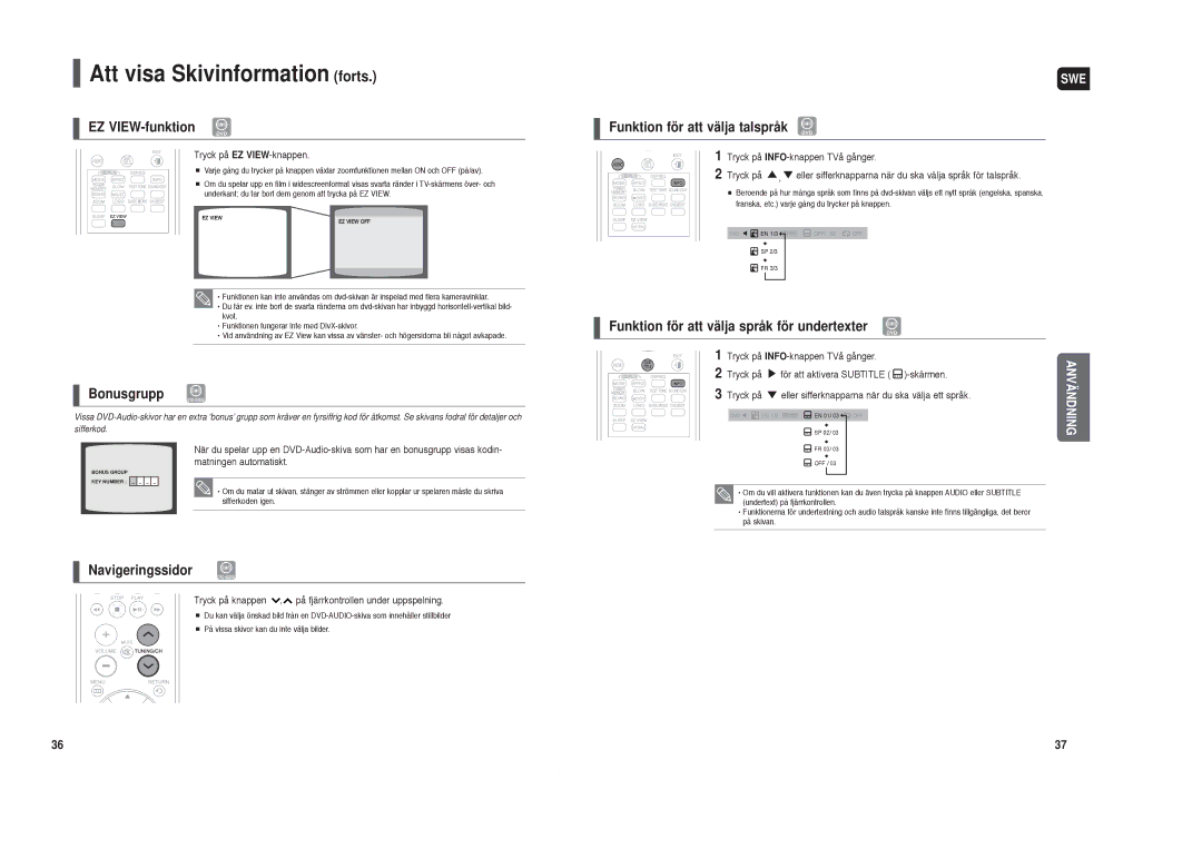 Samsung HT-X30R/XEE, HT-TX35R/XEE manual EZ VIEW-funktion, Funktion för att välja talspråk DVD, Bonusgrupp, Navigeringssidor 