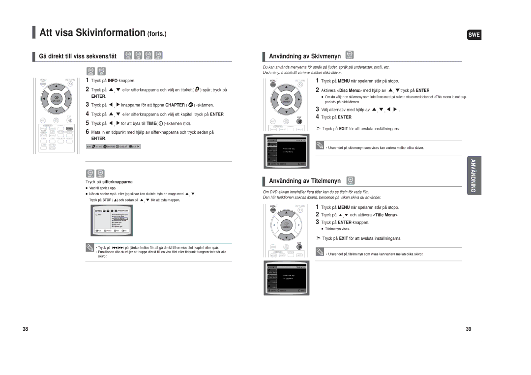 Samsung HT-TX35R/XEE manual Gå direkt till viss sekvens/låt, Användning av Skivmenyn DVD, Användning av Titelmenyn DVD 