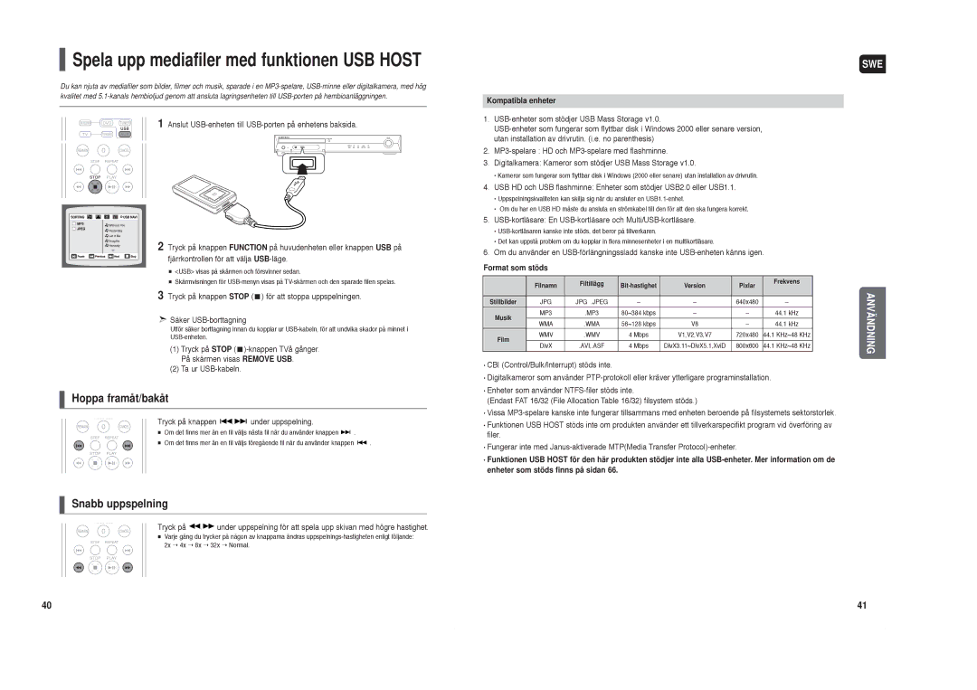 Samsung HT-X30R/XEE, HT-TX35R/XEE manual Tryck på knappen under uppspelning, Kompatibla enheter, Format som stöds 