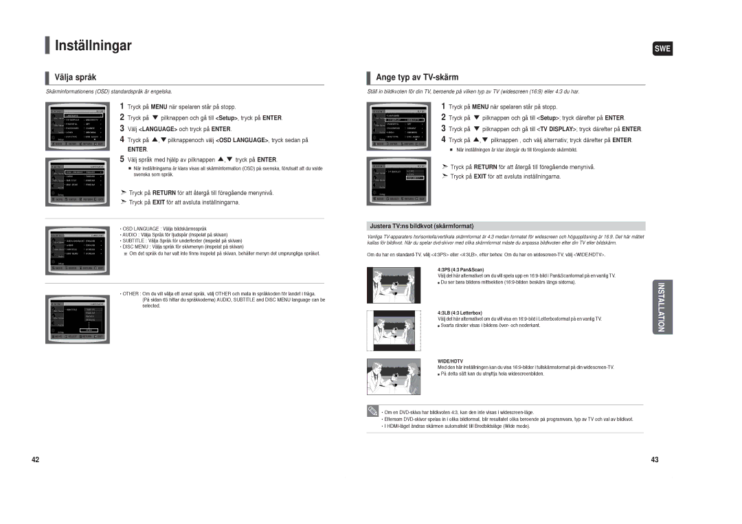 Samsung HT-TX35R/XEE, HT-X30R/XEE manual Inställningar, Välja språk, Ange typ av TV-skärm, Justera TVns bildkvot skärmformat 