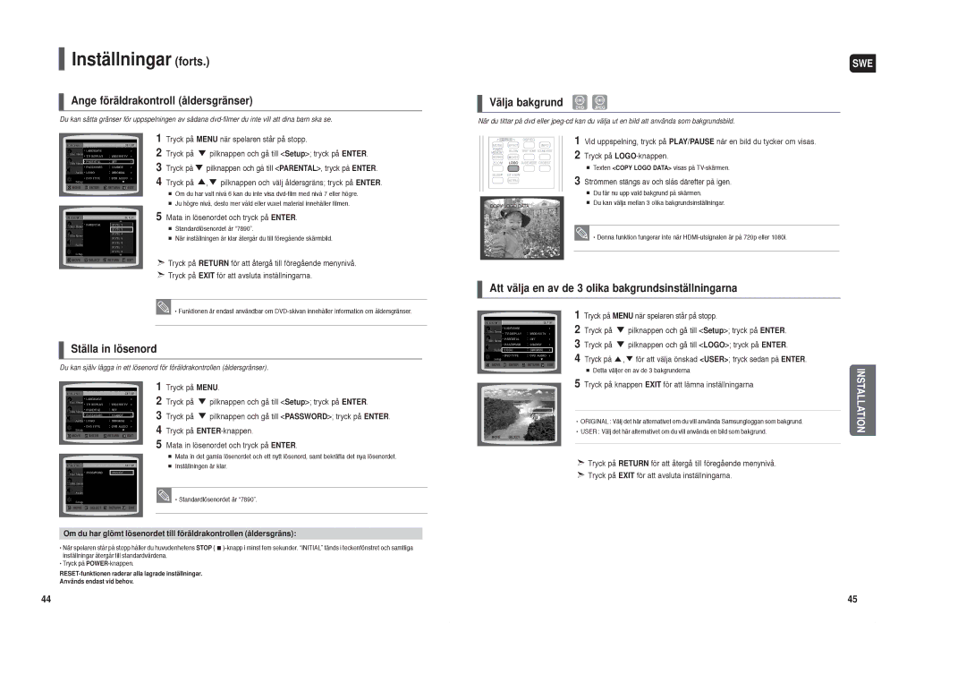 Samsung HT-X30R/XEE manual Inställningar forts, Ange föräldrakontroll åldersgränser Välja bakgrund, Ställa in lösenord 