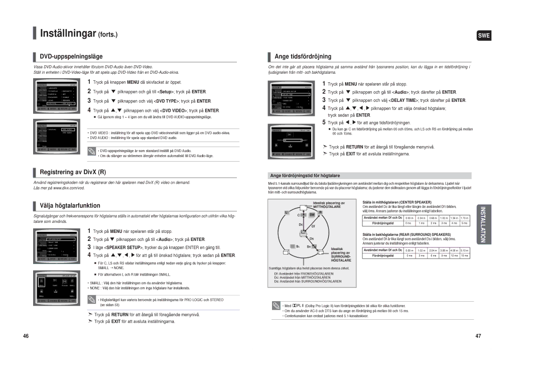 Samsung HT-TX35R/XEE manual DVD-uppspelningsläge, Ange tidsfördröjning, Registrering av DivX R, Välja högtalarfunktion 