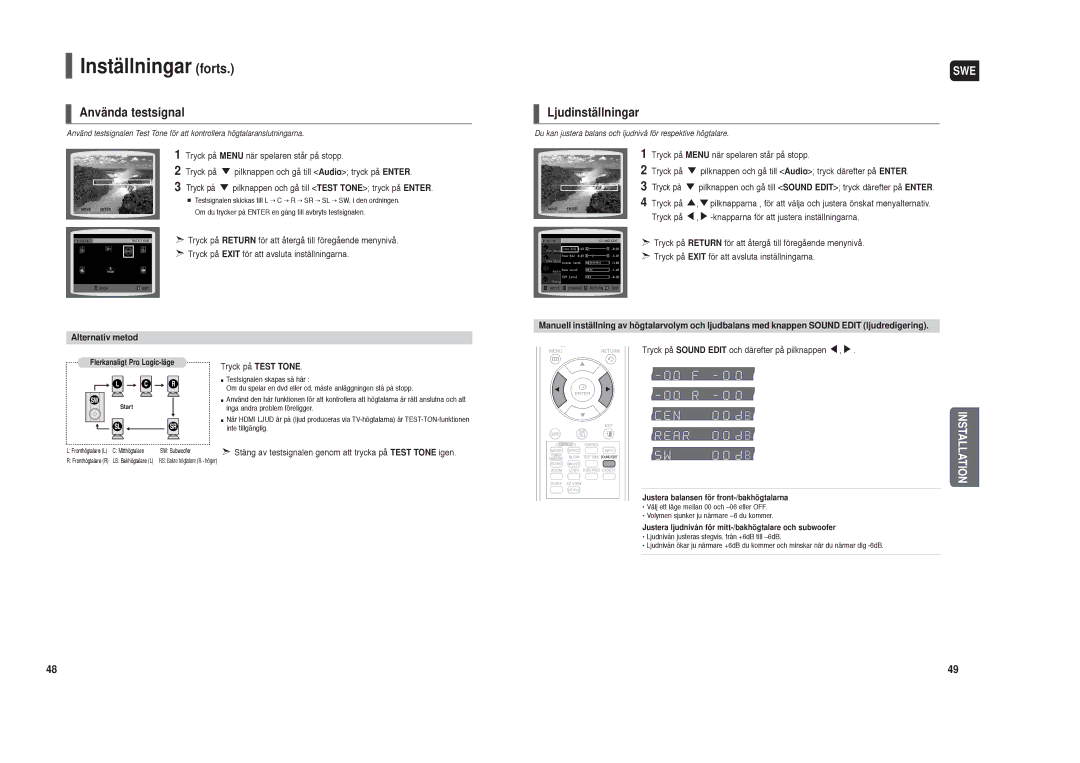 Samsung HT-X30R/XEE, HT-TX35R/XEE manual Använda testsignal, Ljudinställningar 