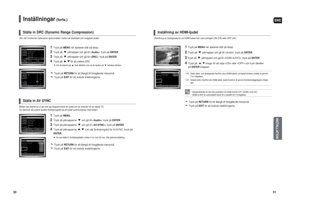 Samsung HT-TX35R/XEE, HT-X30R/XEE Ställa in DRC Dynamic Range Compression, Inställning av HDMI-ljudet, Ställa in AV Sync 