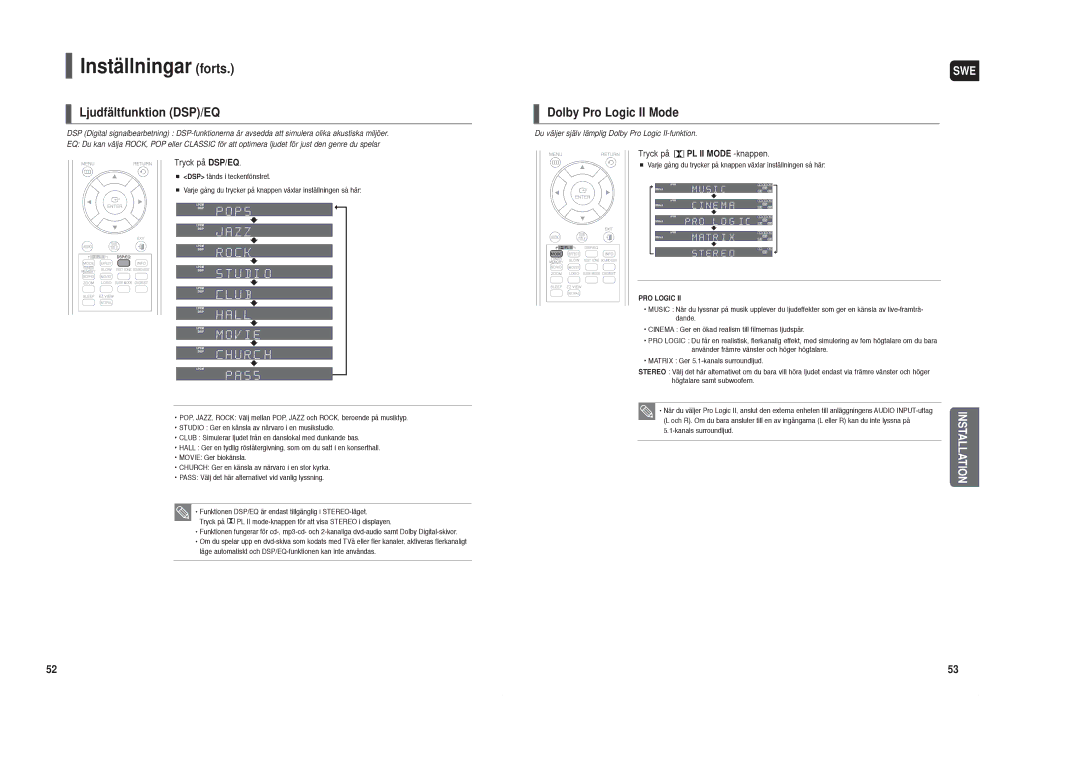 Samsung HT-X30R/XEE manual Ljudfältfunktion DSP/EQ, Dolby Pro Logic II Mode, Tryck på DSP/EQ, Tryck på PL II Mode -knappen 