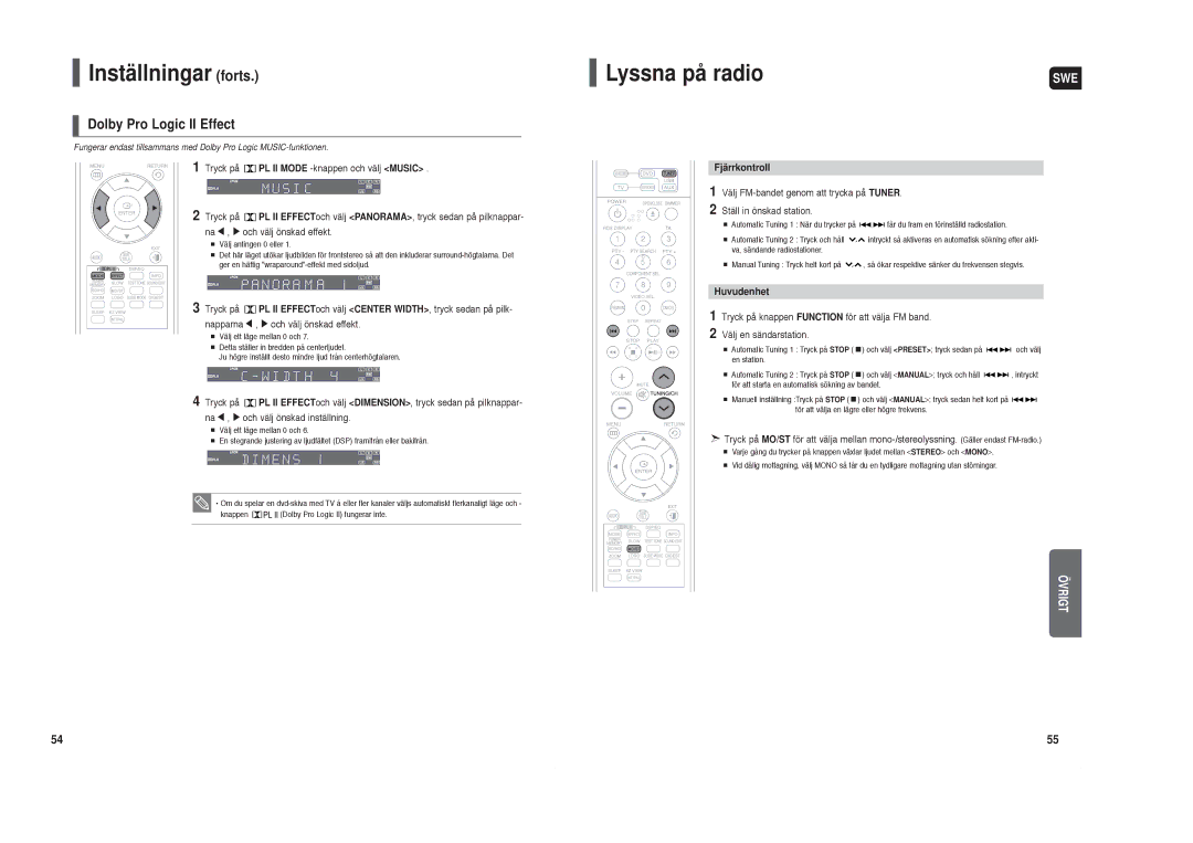 Samsung HT-TX35R/XEE, HT-X30R/XEE manual Lyssna på radio, Dolby Pro Logic II Effect, Fjärrkontroll, Huvudenhet 