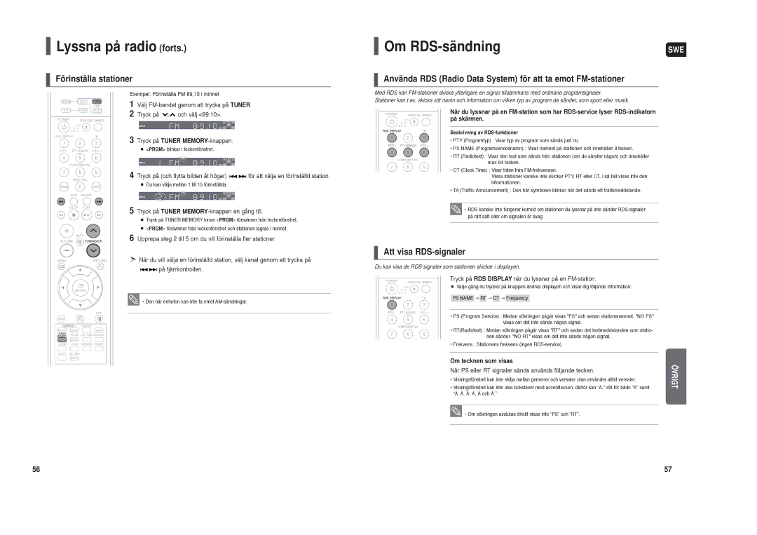 Samsung HT-X30R/XEE, HT-TX35R/XEE Lyssna på radio forts, Om RDS-sändning, Förinställa stationer, Att visa RDS-signaler 