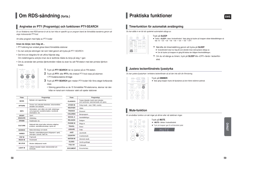 Samsung HT-TX35R/XEE manual Praktiska funktioner, Angivelse av PTY Programtyp och funktionen PTY-SEARCH, Mute-funktion 