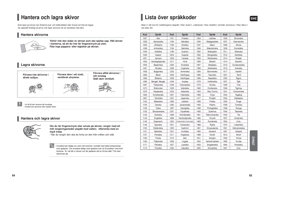 Samsung HT-X30R/XEE, HT-TX35R/XEE manual Hantera och lagra skivor, Lista över språkkoder, Kod Språk 