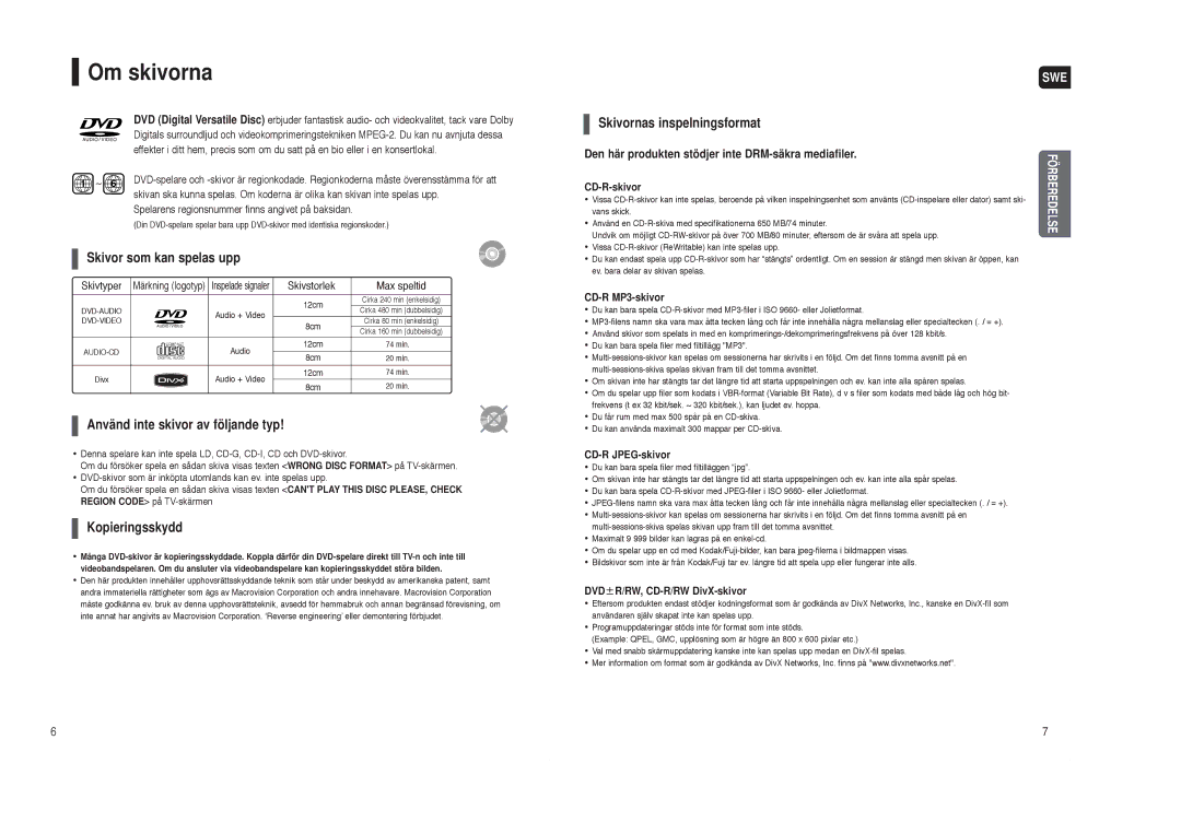 Samsung HT-TX35R/XEE, HT-X30R/XEE manual Om skivorna, Den här produkten stödjer inte DRM-säkra mediafiler 