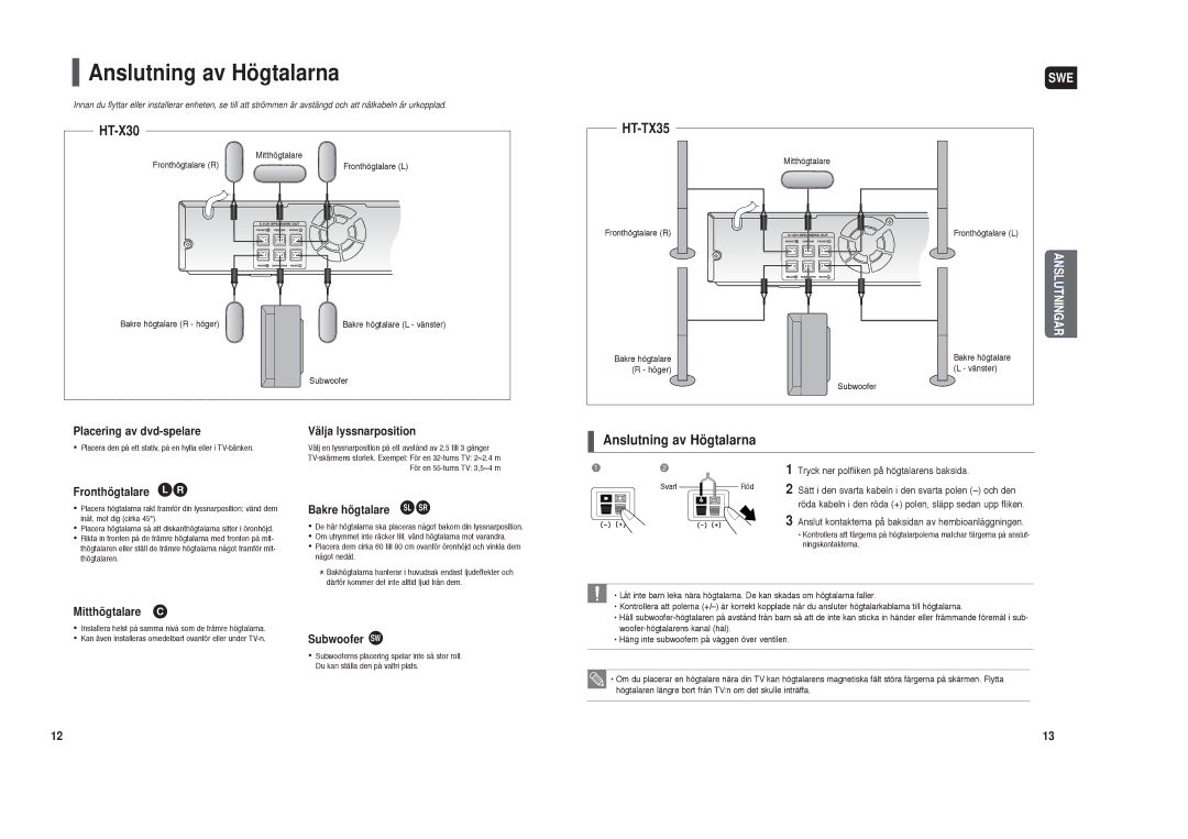 Samsung HT-X30R/XEE, HT-TX35R/XEE manual Anslutning av Högtalarna 