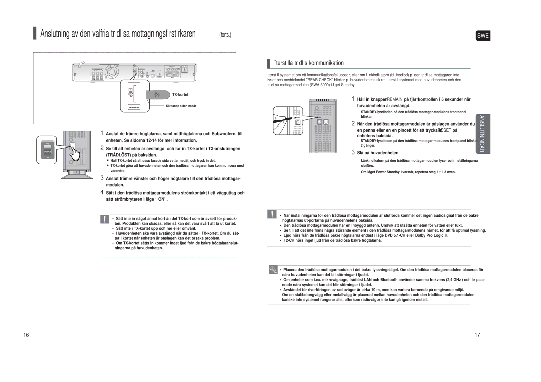 Samsung HT-X30R/XEE manual Återställa trådlös kommunikation, När den trådlösa mottagarmodulen är påslagen använder du 