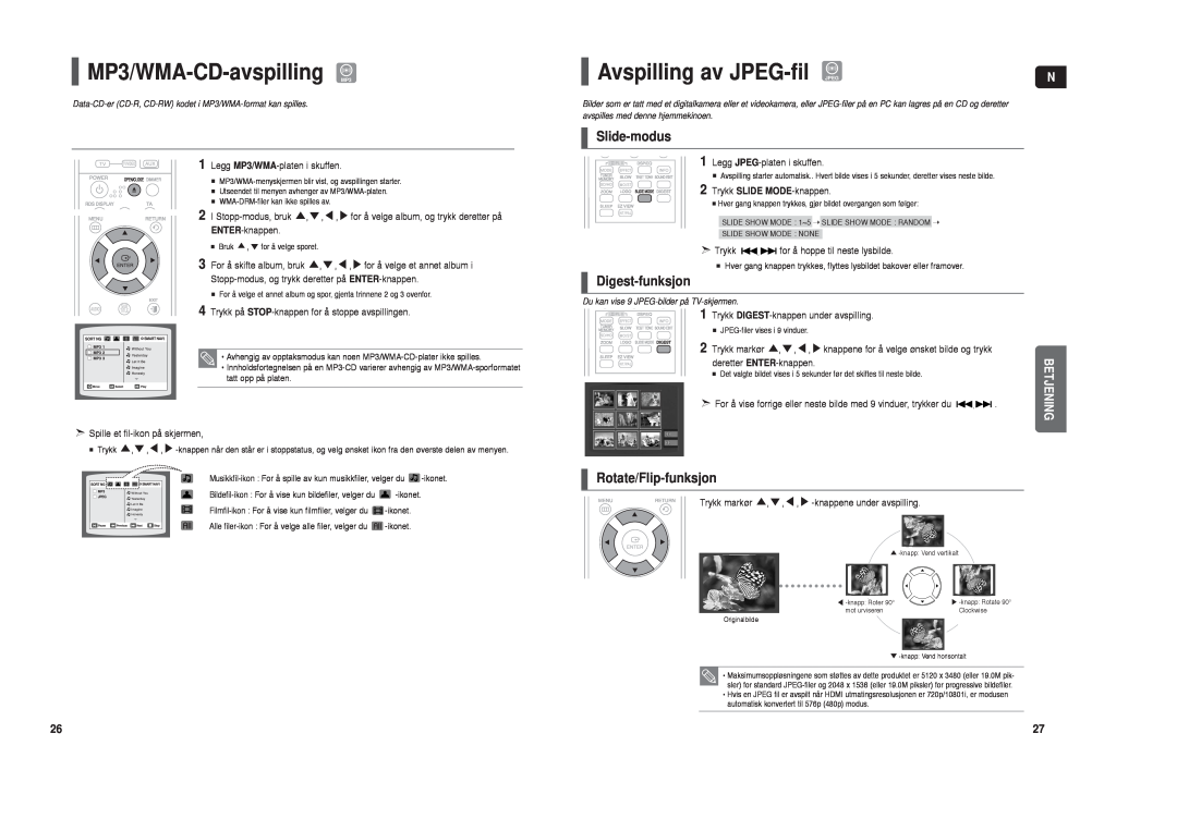 Samsung HT-TX35R/XEE manual MP3/WMA-CD-avspilling MP3, Avspilling av JPEG-fil JPEG, Slide-modus, Digest-funksjon, Betjening 