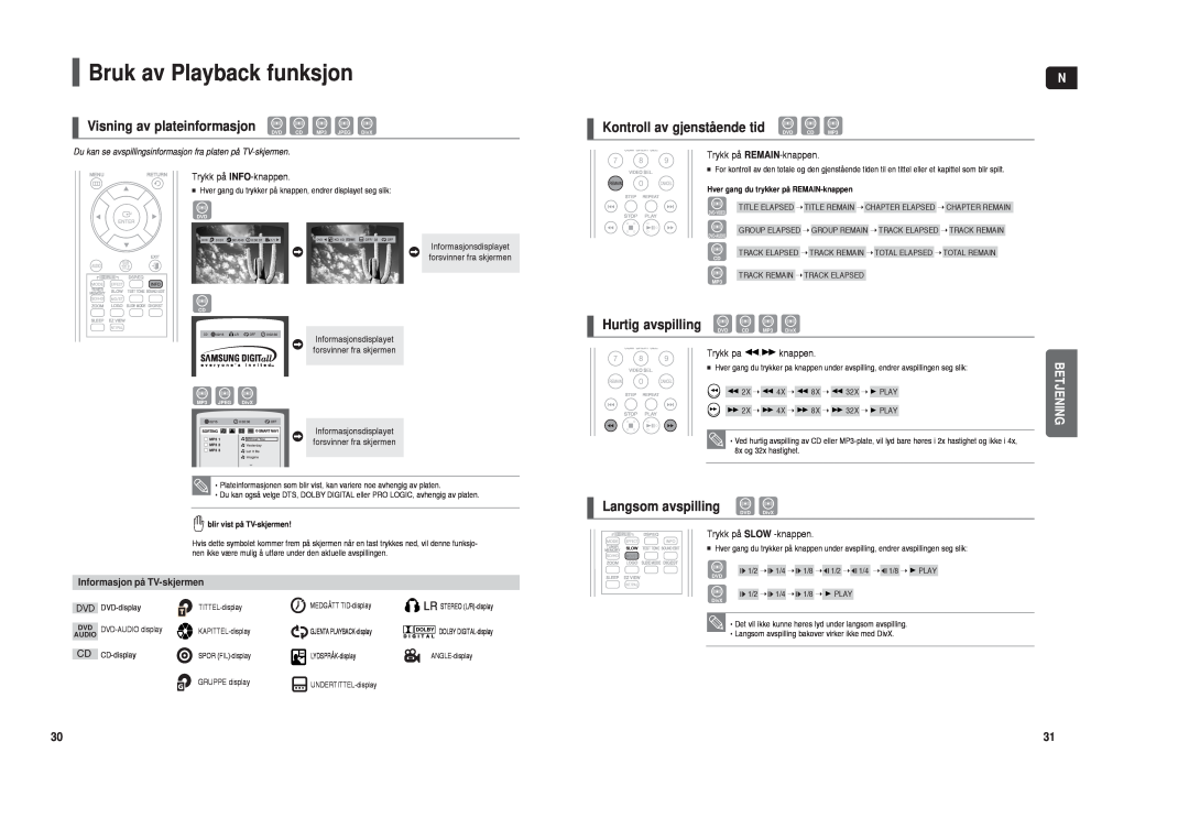 Samsung HT-TX35R/XEE manual Bruk av Playback funksjon, Visning av plateinformasjon DVD CD MP3 JPEG DivX, Langsom avspilling 